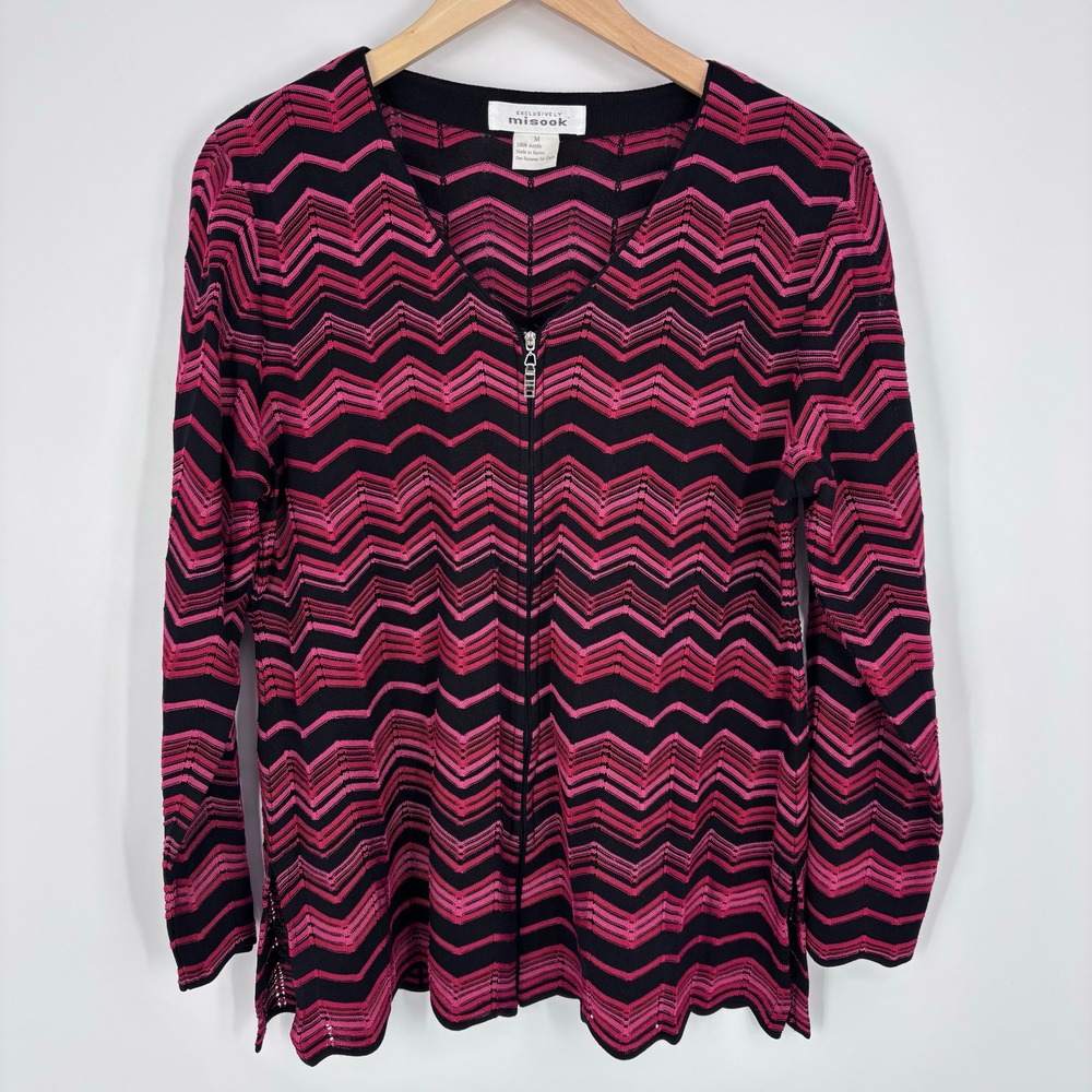 Misook Vintage Misook Chevron Knit Zip Front Cardigan Women Medium Pink Black
